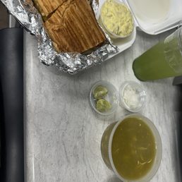 Cuban Panini, cucumber honey dew juice, posole, potato salad Cuban Panini, cucumber honey dew juice, posole, potato salad