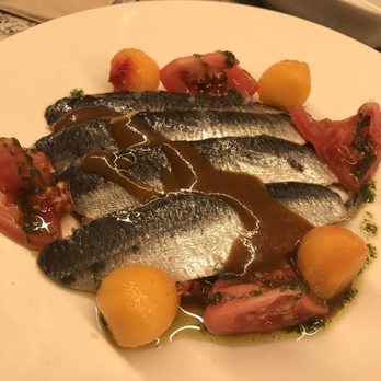 La Raquetista - Marinated anchovies with ratatouille and apricot 10.50 Euro - Tapas/Small Plates Near Me - Madrid, M