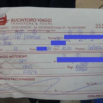 Bucintoro Viaggi - Receipt example - Remember, one person will carry this to the taxi driver for the group. - Travel Services Near Me - Venezia, VE
