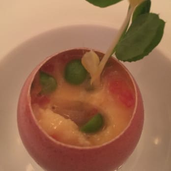Goosefoot - "Begonis" in egg shell - rich and custards, with shrimp and pea. - New American Near Me - Chicago, Illinois