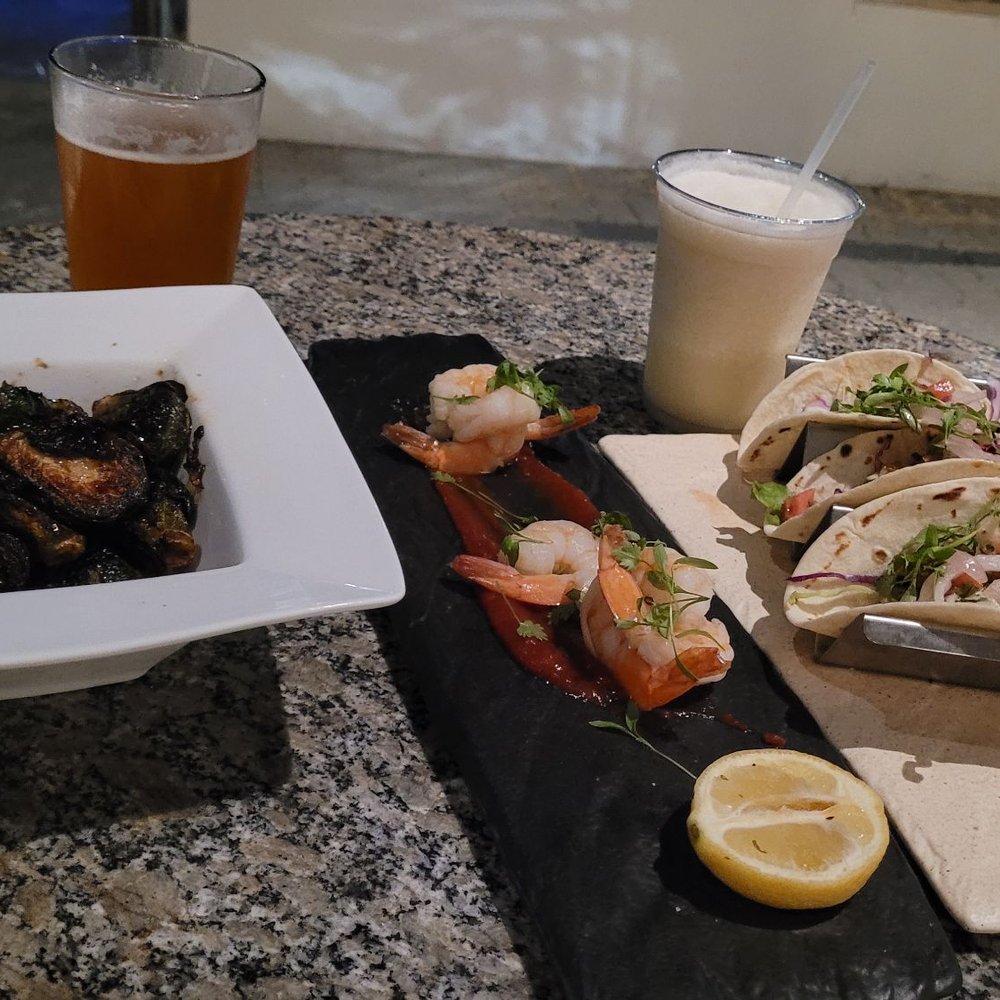 Aqua - Brussels sprouts, fish tacos, and a "shrimp cocktail" that was not a cocktail, 5 small/medium size shrimp with a little bit of sauce. - Seafood Near Me - Tampa, Florida Aqua - Brussels sprouts, fish tacos, and a "shrimp cocktail" that was not a cocktail, 5 small/medium size shrimp with a little bit of sauce. - Seafood Near Me - Tampa, Florida