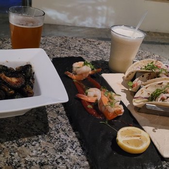 Aqua - Brussels sprouts, fish tacos, and a "shrimp cocktail" that was not a cocktail, 5 small/medium size shrimp with a little bit of sauce. - Seafood Near Me - Tampa, Florida