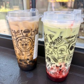 Boba Ave 8090 - Brown Sugar Boba (left). Strawberry Matcha (right). - Bubble Tea Near Me - Rancho Cucamonga, California Boba Ave 8090 - Brown Sugar Boba (left). Strawberry Matcha (right). - Bubble Tea Near Me - Rancho Cucamonga, California