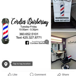 Cordie's Barbering - New location 
517 N Olympic Avenue 
Arlington Washington 98223
