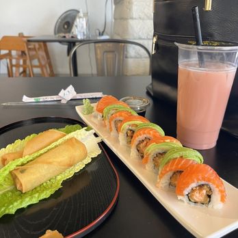Fusion Tea Lounge - Spring rolls, strawberry milk tea & (forgot the name of this roll) - Bubble Tea Near Me - Tempe, Arizona