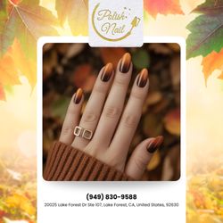 Polish Nail Spa - Brown and orange ombré -- warm tones melting together for the perfect fall finish.  Schedule your cozy look today!