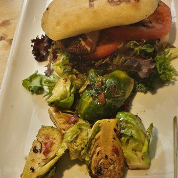 Fork & Fig - Blackened salmon sandwich with roasted brussel sprouts side. - Burgers Near Me - Albuquerque, New Mexico Fork & Fig - Blackened salmon sandwich with roasted brussel sprouts side. - Burgers Near Me - Albuquerque, New Mexico
