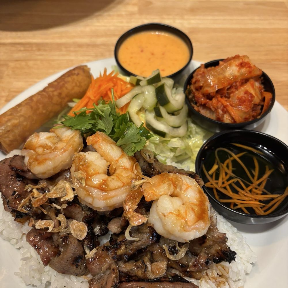 Combo rice plate bbq pork, shrimp, eggroll but i asked for an extra side of kimchi and spicy mayonnaise! Combo rice plate bbq pork, shrimp, eggroll but i asked for an extra side of kimchi and spicy mayonnaise!