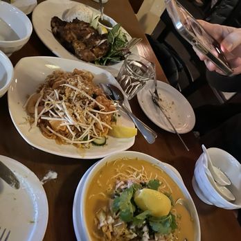 Queen Mother Cafe - Our selections. Starting from the top: Ping Gai, Pad Thai and Khao Soy Gai. - Asian Fusion Near Me - Toronto, Ontario