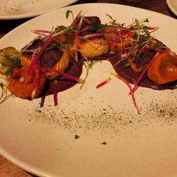 Rye - Dallas - Salmon with masa cake and berry puree. Masa had a spongy, off-putting texture. And I didn't enjoy the salmon at all. - Tapas/Small Plates Near Me - Dallas, Texas Rye - Dallas - Salmon with masa cake and berry puree. Masa had a spongy, off-putting texture. And I didn't enjoy the salmon at all. - Tapas/Small Plates Near Me - Dallas, Texas