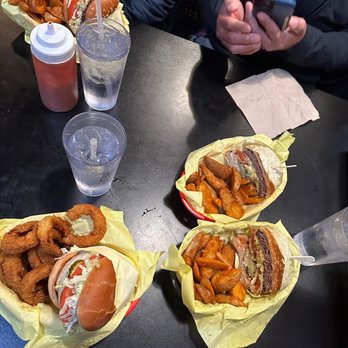 Hodad's - On left, mini cheeseburger & onion rings. On right single burger and fries, made for 2. - Burgers Near Me - San Diego, California Hodad's - On left, mini cheeseburger & onion rings. On right single burger and fries, made for 2. - Burgers Near Me - San Diego, California