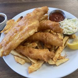 Otters Fish & Chips - S1 platter. Halibut and three shrimp meal $20.