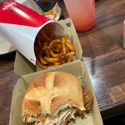 Arby's - Classic Chicken Sandwich, Curly fries and Strawberry Lemonade.