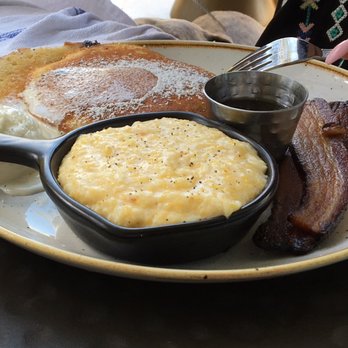 Grace & Grit - blueberry pancakes with gouda grits + bacon - Southern Near Me - Mount Pleasant, South Carolina