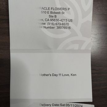 Miracle Flowers - Card that came with flowers - Florists Near Me - Folsom, California Miracle Flowers - Card that came with flowers - Florists Near Me - Folsom, California