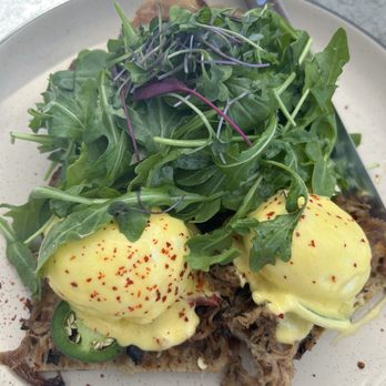 Sunday - Eggs Benedict with pulled pork from a local bbq restaurant - Breakfast & Brunch Near Me - St Augustine, Florida