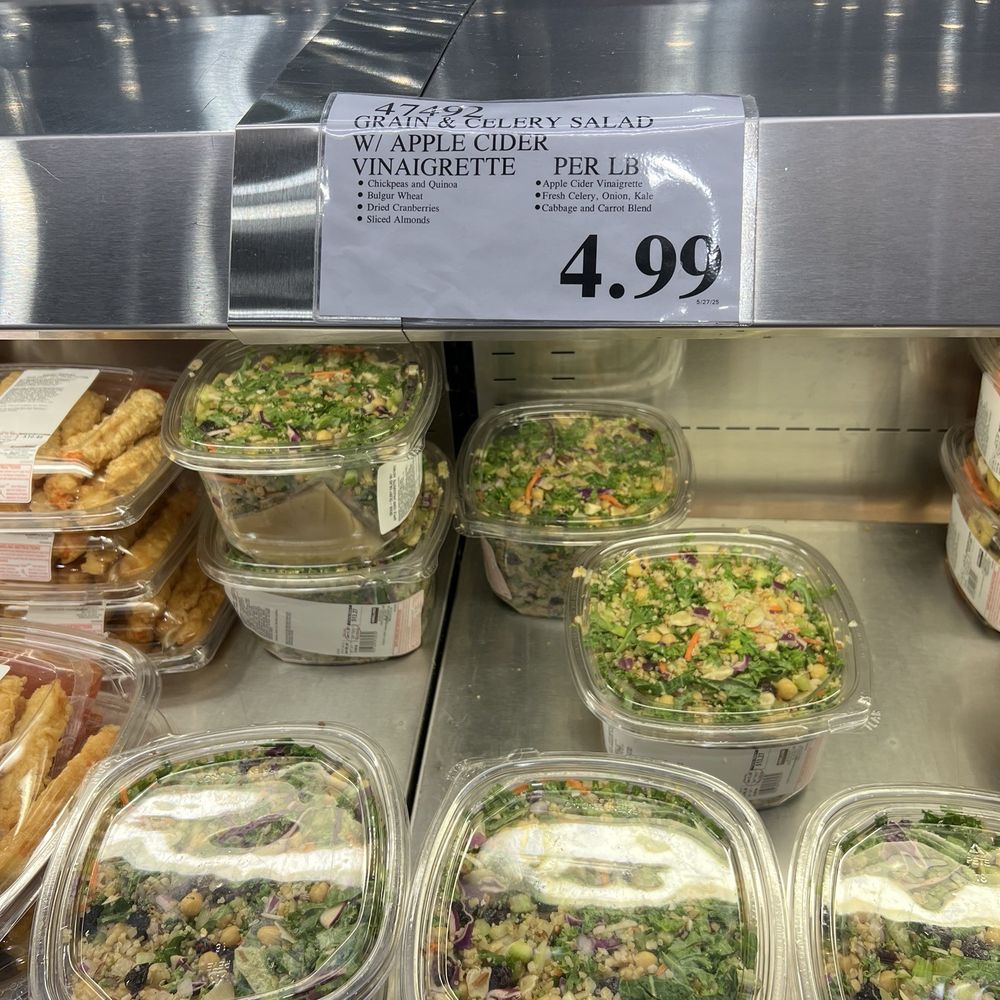 Costco Wholesale - Celery and grain salad includes kale, quinoa and chick peas w/packets of apple cider vinaigrette. Sold by the pound! - Wholesale Stores Near Me - Orlando, Florida Costco Wholesale - Celery and grain salad includes kale, quinoa and chick peas w/packets of apple cider vinaigrette. Sold by the pound! - Wholesale Stores Near Me - Orlando, Florida