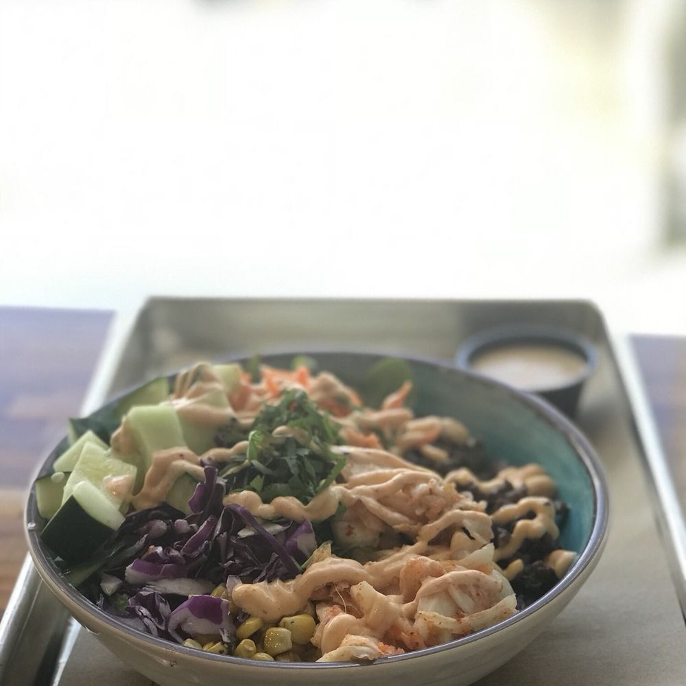 Chi'Lantro - Beef rice bowl with corn, kimchi, spinach, carrots, red cabbage, cucumber, cilantro and a little bit of magic...sauce, that is. - Korean Near Me - Austin, Texas Chi'Lantro - Beef rice bowl with corn, kimchi, spinach, carrots, red cabbage, cucumber, cilantro and a little bit of magic...sauce, that is. - Korean Near Me - Austin, Texas