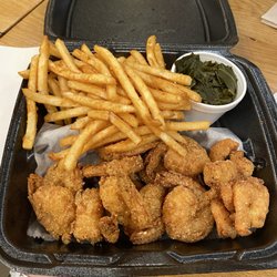Nola Ice - Shrimp, fries, and collard greens