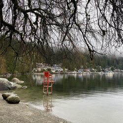 Panorama Park - High tide in morning, covering the legs of the lifeguard chair. Dec 2024