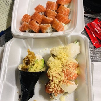 Chobop - Top: Philadelphia Roll Bottom: Crunchy hand roll and Angry Salmon - Sushi Bars Near Me - Costa Mesa, California