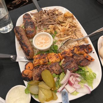 Levantine Grill - Main platter of the 2-3 person meal platter. Not pictured: salad & hummus with pita bread - Mediterranean Near Me - Novi, Michigan