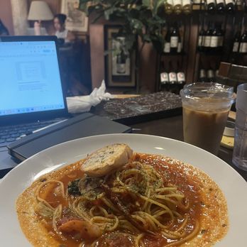 Cafe Mak - Shrimp Spaghetti with Spicy Chili Tomato Sauce and Mak Korean Style Coffee - Coffee & Tea Near Me - Los Angeles, California