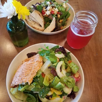 Flower Child - Chopped salad with salmon; Mediterranean salad with chicken; kombucha - Salad Near Me - Phoenix, Arizona