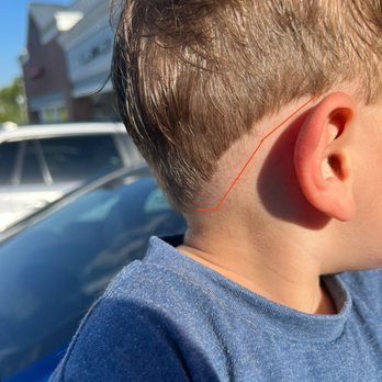 Sharkey's Cuts for Kids - His old hairline marked by red line versus the new hairline given by stylist - Kids Hair Salons Near Me - Sterling, Virginia Sharkey's Cuts for Kids - His old hairline marked by red line versus the new hairline given by stylist - Kids Hair Salons Near Me - Sterling, Virginia