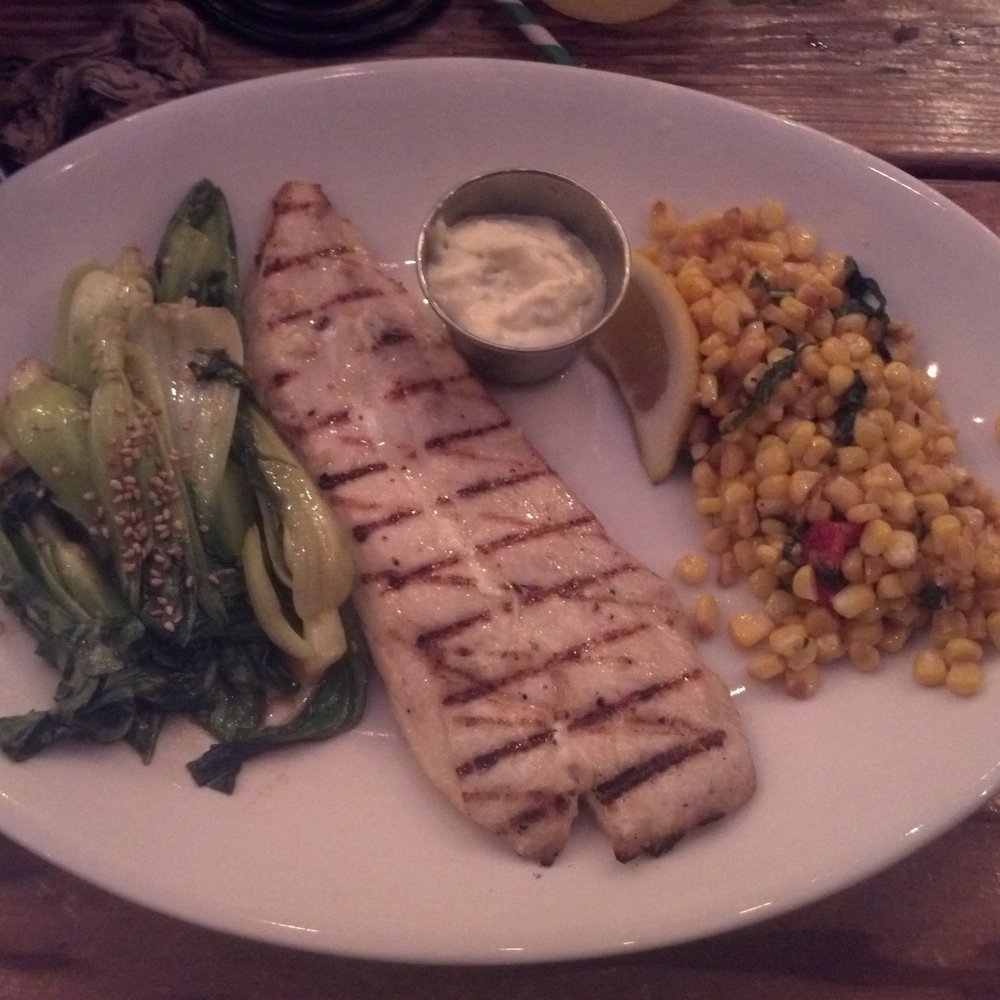 Fish 101 - Grilled sea bass with corn saute and baby bok choy - Seafood Near Me - Encinitas, California