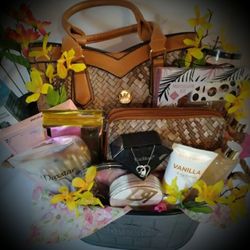 Handbag, wallet, necklace, beauty products
