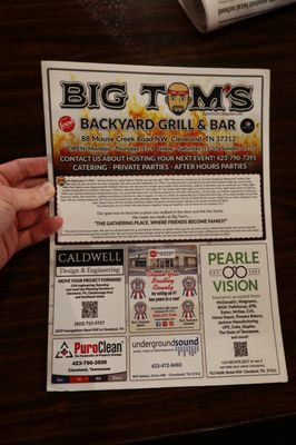 Menu photo 4 Big Tom's Backyard Grill & Bar Cleveland, TN