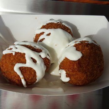 Blondie's Bacon Creations - Bacon Tater Balls ($6): potato balls with bacon, green onion, cheese, Panko breading, and lemon sour cream - Food Trucks Near Me - Las Vegas, Nevada Blondie's Bacon Creations - Bacon Tater Balls ($6): potato balls with bacon, green onion, cheese, Panko breading, and lemon sour cream - Food Trucks Near Me - Las Vegas, Nevada