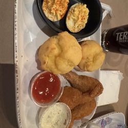 Sea King Crab House - Stuffed shrimp platter with deviled eggs and corn muffins