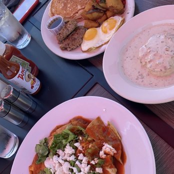 The Twins Restaurant - Chilaquiles, and I think the pancake one is called double trouble. Middle plate is half order of biscuits and gravy :) - American Near Me - Cotati, California