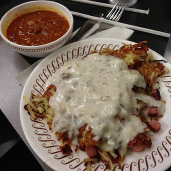 Waffle House - Hash browns "all the way." All the toppings with gravy and chili mixed together. - Diners Near Me - Mesa, Arizona Waffle House - Hash browns "all the way." All the toppings with gravy and chili mixed together. - Diners Near Me - Mesa, Arizona