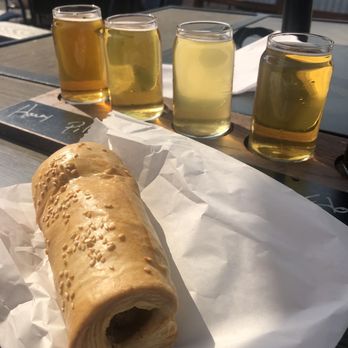 Rails End Beer Company - Flight of beers + sausage pastry from Colorado Meat Pie Company - Breweries Near Me - Broomfield, Colorado Rails End Beer Company - Flight of beers + sausage pastry from Colorado Meat Pie Company - Breweries Near Me - Broomfield, Colorado