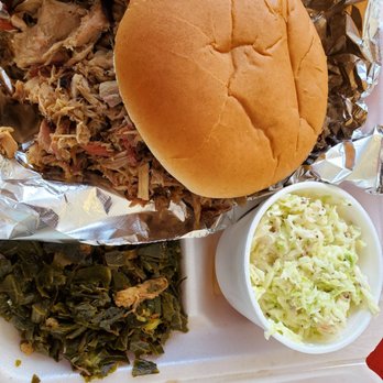 Smokin' Joe's BBQ - Pork sammy with slaw and greens - Barbeque Near Me - Bowling Green, Florida