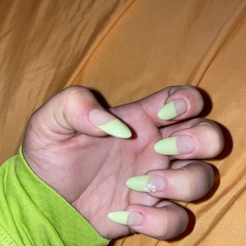 Nail Nation Studio - Gel x nude base with green french tip and small detail flower - Nail Salons Near Me - Burbank, California