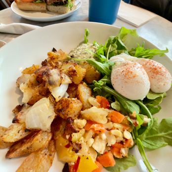 Flour Bakery + Cafe - Breakfast bowl (crispy home fries, poached eggs, pickled giardiniera, poblano crema). - Cafes Near Me - Boston, Massachusetts