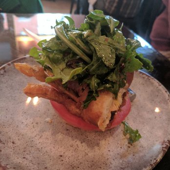 Sur Lie - Tempura soft shell crab sandwich/burger. The crab itself is very good. The tempura part tho is kind of soggy - New American Near Me - Portland, Maine