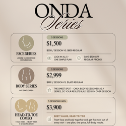 Save more with our ONDA Series 3 Face sessions $1,500, 3 Body sessions $2,999, or Head-to-Toe Combo $3,900. Book your series today!