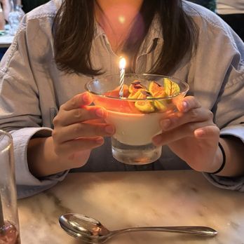 Eyval - Rose milk custard with a candle as I shared it was my birthday - Persian/Iranian Near Me - Brooklyn, New York
