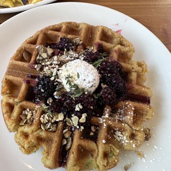 Cafe Flora - Zucchini Cornbread Belgian Waffle - Vegetarian Near Me - Seattle, Washington Cafe Flora - Zucchini Cornbread Belgian Waffle - Vegetarian Near Me - Seattle, Washington