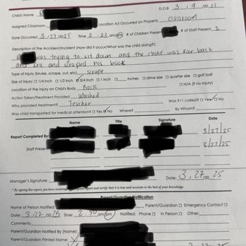 Child incident report from The Learning Experience in Long Island City.