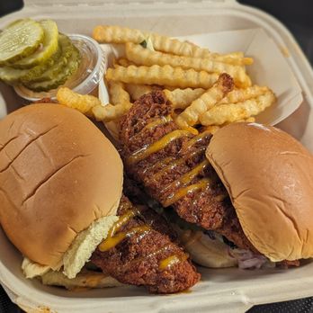 Dave's Hot Chicken - two sandwiches and french fries - Chicken Shop Near Me - Boston, Massachusetts Dave's Hot Chicken - two sandwiches and french fries - Chicken Shop Near Me - Boston, Massachusetts