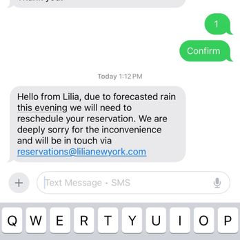 Lilia - Text that we received from the restaurant notifying us that our reservation is cancelled on the afternoon of. - Italian Near Me - Brooklyn, New York Lilia - Text that we received from the restaurant notifying us that our reservation is cancelled on the afternoon of. - Italian Near Me - Brooklyn, New York