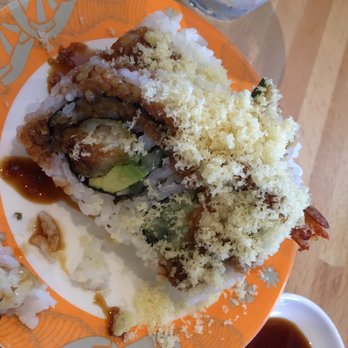 Kai Sushi - A roll with shrimp tempura, avocado, cucumber, tempura flakes, and eel sauce(?) - Conveyor Belt Sushi Near Me - Lombard, Illinois Kai Sushi - A roll with shrimp tempura, avocado, cucumber, tempura flakes, and eel sauce(?) - Conveyor Belt Sushi Near Me - Lombard, Illinois