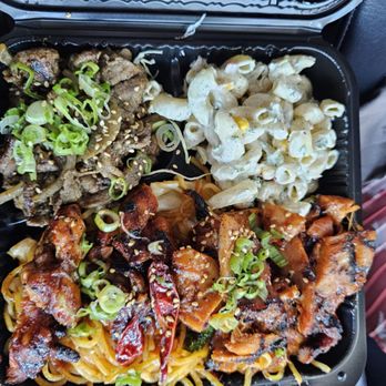 Young's Teriyaki - Beef and thai chicken plate with spicy noodles and mac salad as the sides. - Japanese Near Me - Rancho Cordova, California Young's Teriyaki - Beef and thai chicken plate with spicy noodles and mac salad as the sides. - Japanese Near Me - Rancho Cordova, California