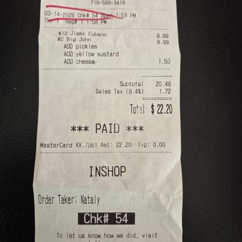 Jimmy John’s - Receipt. Look at the name and date. - Sandwiches Near Me - Alamosa, Colorado Jimmy John’s - Receipt. Look at the name and date. - Sandwiches Near Me - Alamosa, Colorado